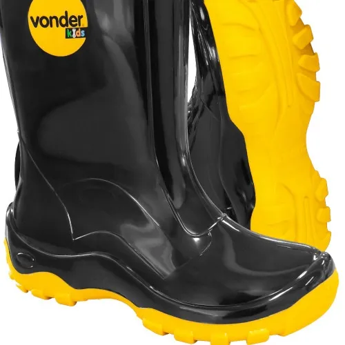 Bota infantil de PVC preta e amarela com forro  