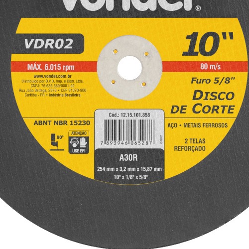 Disco de corte para metal 254 x 3,2 x 15,87 mm - VDR02