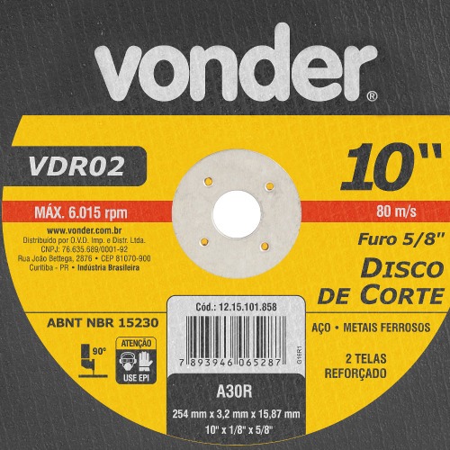 Disco de corte para metal 254 x 3,2 x 15,87 mm - VDR02