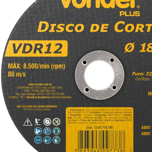 Disco de corte para metal 180 x 3,0 x 22,23 mm - VDR12
