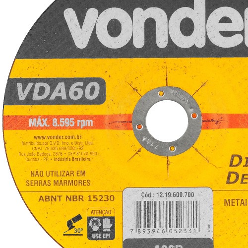 Disco de desbaste para metal 180 x 6,4 x 22,23 mm - VDA-60 