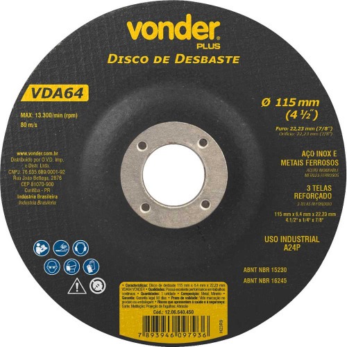 Disco de desbaste para metal 115 x 6,4 x 22,23 mm - VDA64 Disco de desbaste para metal 115 x 6,4 x 22,23 mm - VDA64
