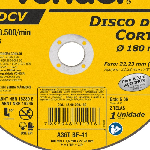 Disco de corte 180 x 1,6 x 22,23 mm Disco de corte 180 x 1,6 x 22,23 mm