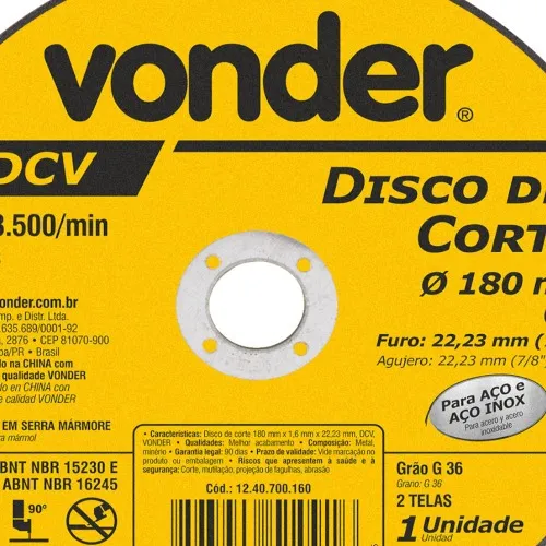 Disco de corte 180 x 1,6 x 22,23 mm
