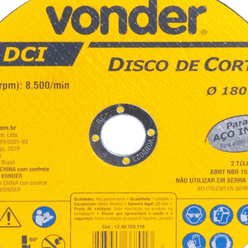 Disco de corte 180 x 1,6 x 22,23 mm DCI INOX 
