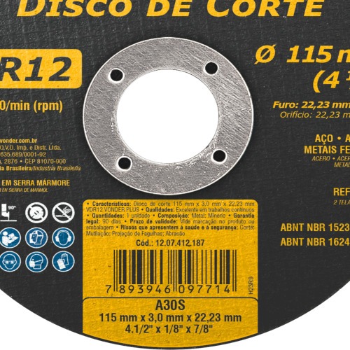 Disco de corte para meta 115 x 3,0 x 22,23 mm - VDR12 Disco de corte para meta 115 x 3,0 x 22,23 mm - VDR12