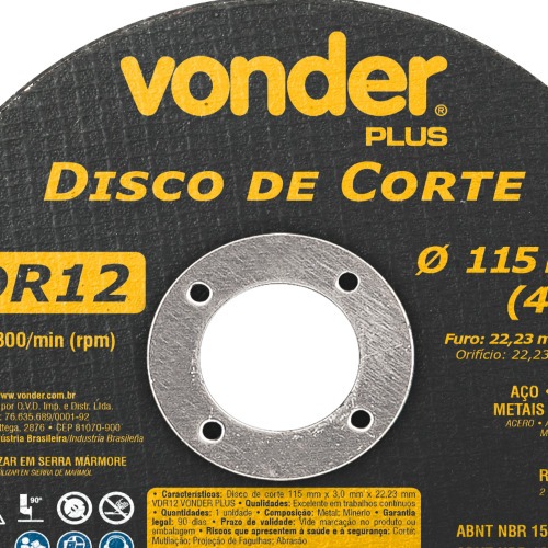 Disco de corte para meta 115 x 3,0 x 22,23 mm - VDR12 Disco de corte para meta 115 x 3,0 x 22,23 mm - VDR12