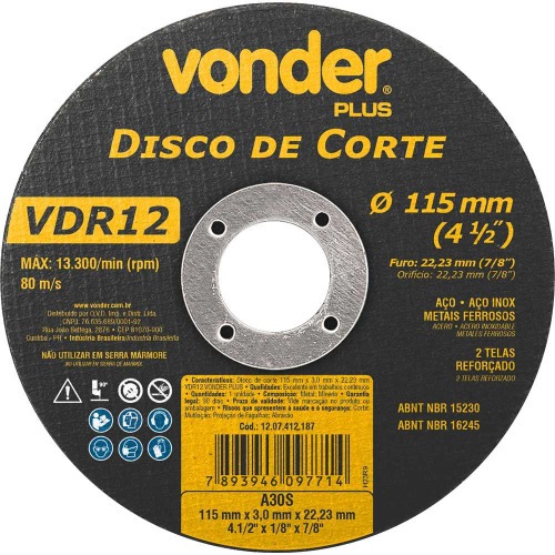Disco de corte para meta 115 x 3,0 x 22,23 mm - VDR12 Disco de corte para meta 115 x 3,0 x 22,23 mm - VDR12