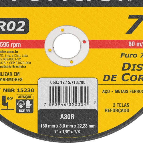 Disco de corte para metal 180 x 3,0 x 22,23 mm - VDR02 Disco de corte para metal 180 x 3,0 x 22,23 mm - VDR02