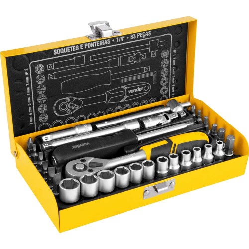 Jogo de soquetes e ponteiras encaixe de 1/4 Jogo de soquetes e ponteiras encaixe de 1/4