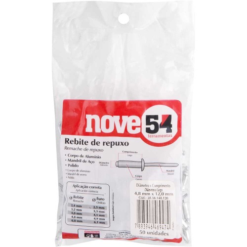 Rebite de repuxo em alumínio 4,8 x 12 mm com 50 peças Rebite de repuxo em alumínio 4,8 x 12 mm com 50 peças