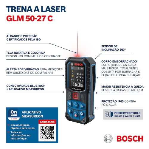 Trena a laser vermelho leitura até 50 metros com Bluetooth - GLM 50-27 C Trena a laser vermelho leitura até 50 metros com Bluetooth - GLM 50-27 C