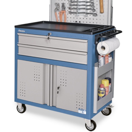 Carrinho para ferramentas fechado com 2 gavetas porta inferior e painel retrátil Carrinho para ferramentas fechado com 2 gavetas porta inferior e painel retrátil