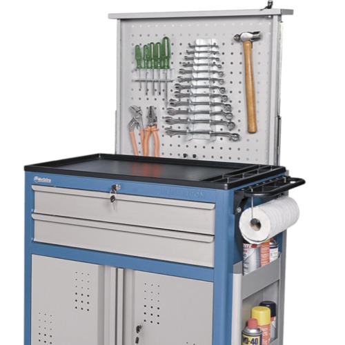 Carrinho para ferramentas fechado com 2 gavetas porta inferior e painel retrátil Carrinho para ferramentas fechado com 2 gavetas porta inferior e painel retrátil