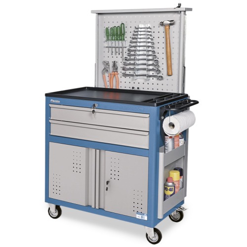 Carrinho para ferramentas fechado com 2 gavetas porta inferior e painel retrátil Carrinho para ferramentas fechado com 2 gavetas porta inferior e painel retrátil