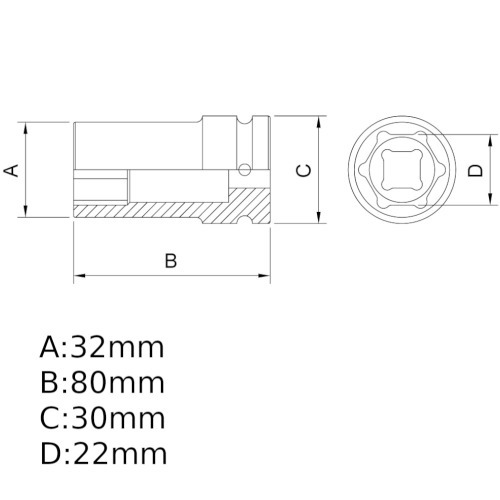 Soquete de impacto sextavado longo 22 mm encaixe 1/2