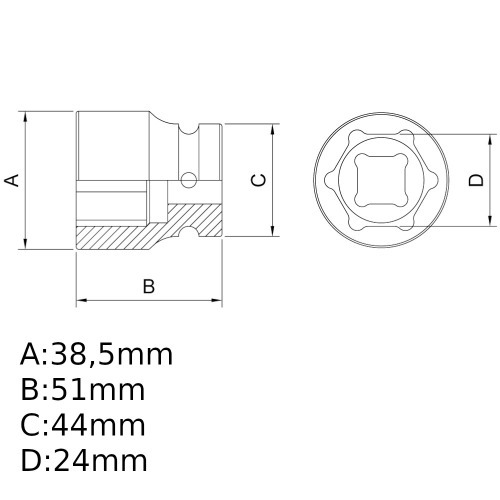 Soquete sextavado de impacto 24 mm encaixe 3/4