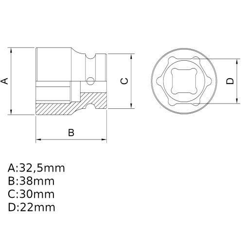 Soquete sextavado de impacto 22 mm encaixe 1/2 Soquete sextavado de impacto 22 mm encaixe 1/2