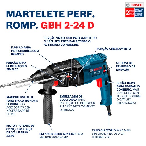 Martelete Perfurador e Rompedor 820W 2,7 joules Sds Plus com nÍvel de alumínio - GBH2-24D  110V Martelete Perfurador e Rompedor 820W 2,7 joules Sds Plus com nÍvel de alumínio - GBH2-24D  110V