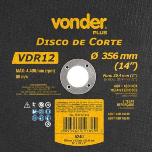 Disco de corte para metal 356 x 3,2 x 25,40 mm - VDR 12