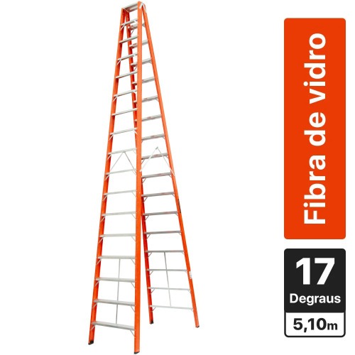 Escada de fibra de vidro 17 degraus 5,1 m modelo americana dupla - ESC17510