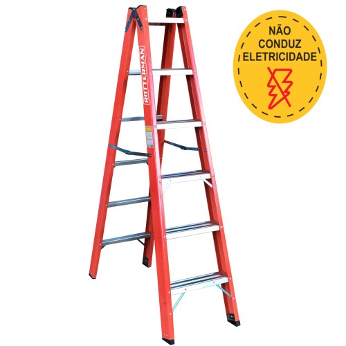 Escada tesoura dupla em fibra de vidro 6 degraus 1,80 m - Profissional