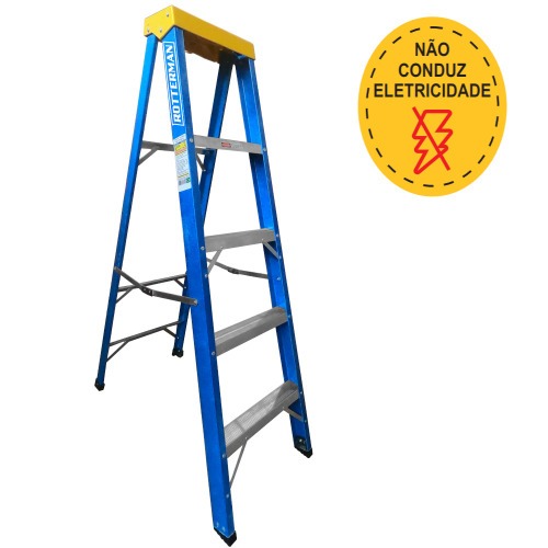 Escada tesoura simples em fibra de vidro 4 degraus + patamar 1,50 m- Premium