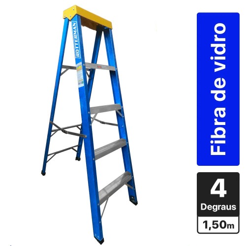 Escada tesoura simples em fibra de vidro 4 degraus + patamar 1,50 m- Premium
