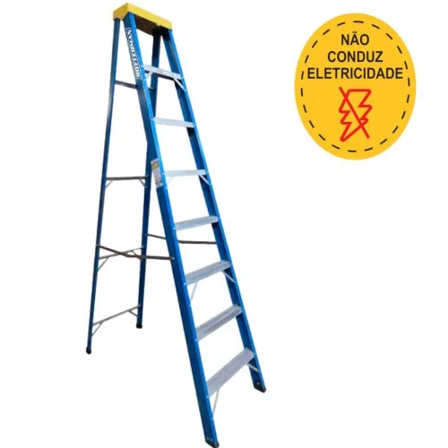 Escada tesoura simples em fibra de vidro 7 degraus + patamar 2,40 m- Premium