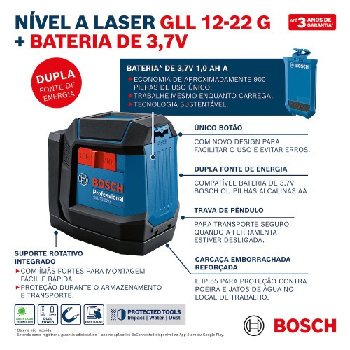Nível a laser verde 2 linhas alcance de 12 m com suporte giratório acoplado - GLL 12-22 G Nível a laser verde 2 linhas alcance de 12 m com suporte giratório acoplado - GLL 12-22 G