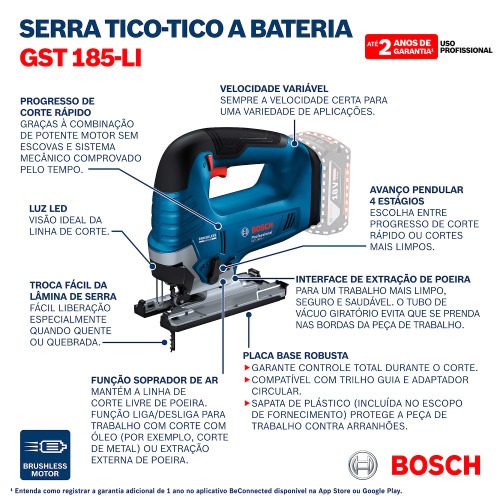 Serra tico tico a bateria 18V velocidade varivel Brushless Sem Bateria - GST 185-LI
