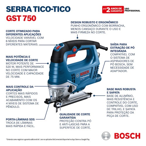 Serra tico tico 520W capacidade de corte 75 mm velocidade varivel- GST 750  110V