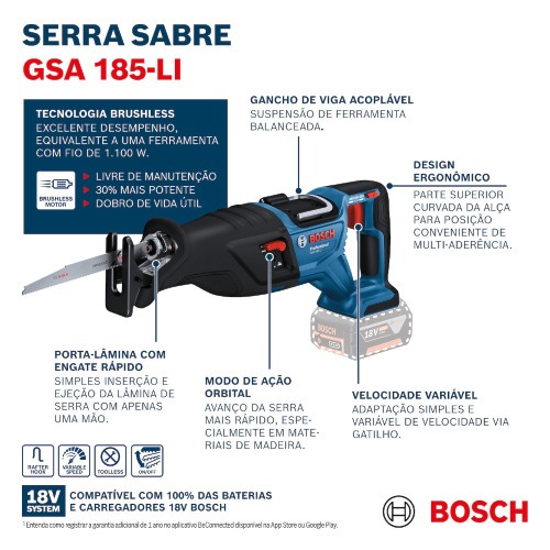 Serra sabre a bateria 18V Brushless com lâminas Sem Bateria - GSA 185-LI Serra sabre a bateria 18V Brushless com lâminas Sem Bateria - GSA 185-LI