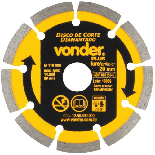 Disco diamantado segmentado 110 mm para alvenaria e concreto