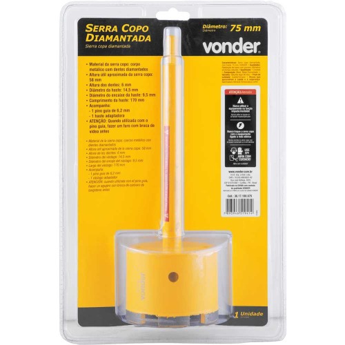 Serra copo diamantada 75 mm com haste Serra copo diamantada 75 mm com haste