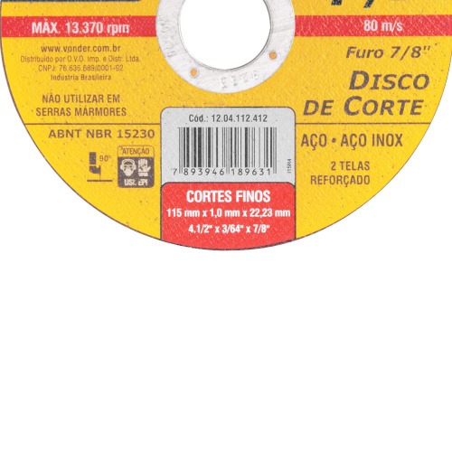 Disco de corte para metal e inox 115 x 1,0 x 22,23 mm - BNV12 Disco de corte para metal e inox 115 x 1,0 x 22,23 mm - BNV12