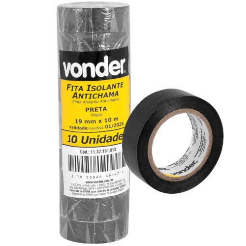 Fita isolante preta 19 mm x 10 m com 10 unidades Fita isolante preta 19 mm x 10 m com 10 unidades