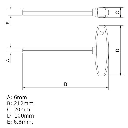 Chave allen cabo T 6 x 180 mm aço cromo vanádio Chave allen cabo T 6 x 180 mm aço cromo vanádio