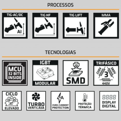 Inversora de solda multiprocesso 350A Alumínio Tig AC/DC Trifásica - TOUCH 350 AC/DC Inversora de solda multiprocesso 350A Alumínio Tig AC/DC Trifásica - TOUCH 350 AC/DC