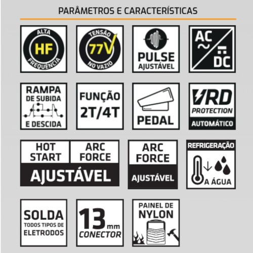 Inversora de solda multiprocesso 350A Alumínio Tig AC/DC Trifásica - TOUCH 350 AC/DC Inversora de solda multiprocesso 350A Alumínio Tig AC/DC Trifásica - TOUCH 350 AC/DC