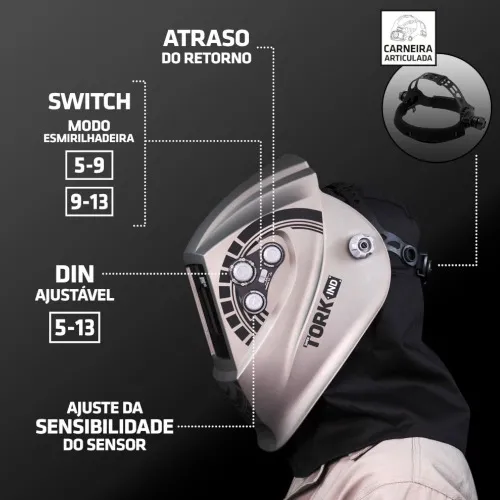 Máscara de solda com escurecimento automático Ton 5 a 13 + 2 esquadros e acessórios - Control Solar 8K