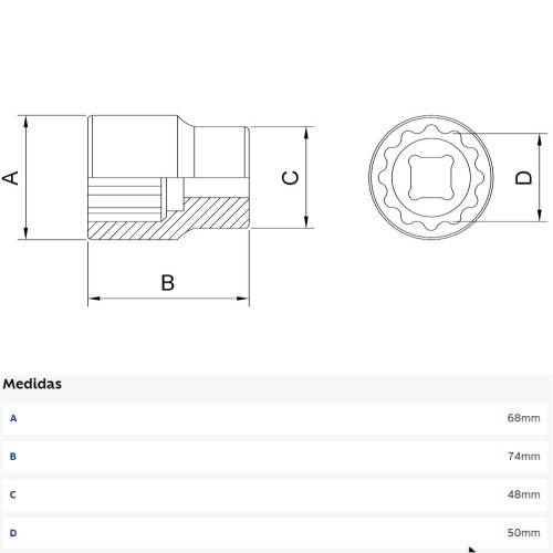Soquete estriado em aço CRV 50 mm encaixe 3/4 Soquete estriado em aço CRV 50 mm encaixe 3/4
