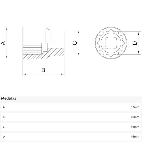 Soquete estriado em ao cromo vandio 46 mm encaixe 3/4