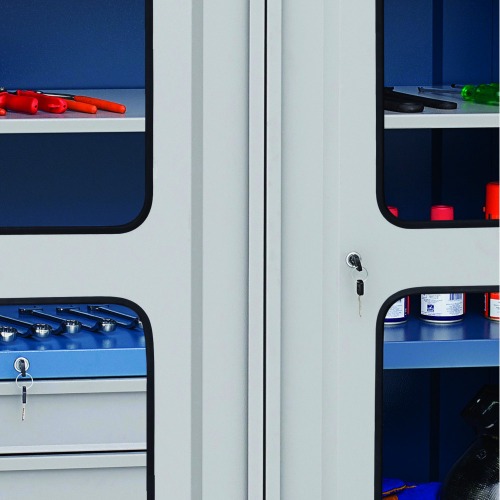 Armário para ferramentas com 3 prateleiras 5 gavetas e portas de vidro - AM-14 Armário para ferramentas com 3 prateleiras 5 gavetas e portas de vidro - AM-14