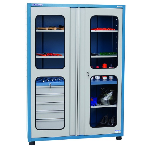 Armário para ferramentas com 3 prateleiras 5 gavetas e portas de vidro - AM-14 Armário para ferramentas com 3 prateleiras 5 gavetas e portas de vidro - AM-14
