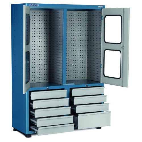 Armário para ferramentas com 2 prateleiras 9 gavetas e portas de vidro - AM-68 Armário para ferramentas com 2 prateleiras 9 gavetas e portas de vidro - AM-68