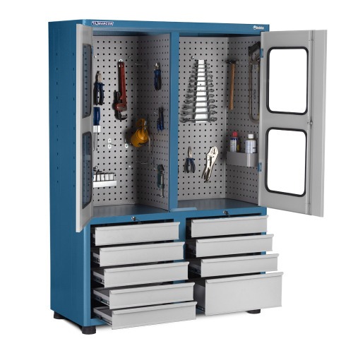 Armário para ferramentas com 3 prateleiras 9 gavetas e portas de vidro - AM-69 Armário para ferramentas com 3 prateleiras 9 gavetas e portas de vidro - AM-69