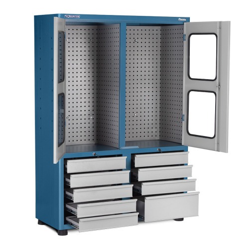 Armário para ferramentas com 3 prateleiras 9 gavetas e portas de vidro - AM-69 Armário para ferramentas com 3 prateleiras 9 gavetas e portas de vidro - AM-69