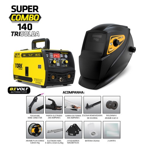 Combo Inversora de solda Mig sem gs Multiprocesso 140A KAB 140 Trisolda + Mscara e Acessrios   110V/220V