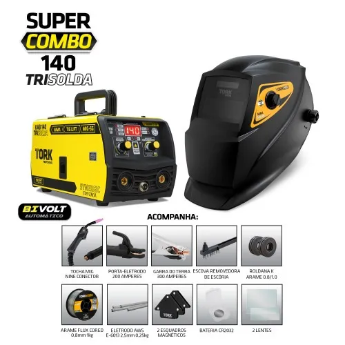 Combo Inversora de solda Mig sem gás Multiprocesso 140A KAB 140 Trisolda + Máscara e Acessórios   110V/220V